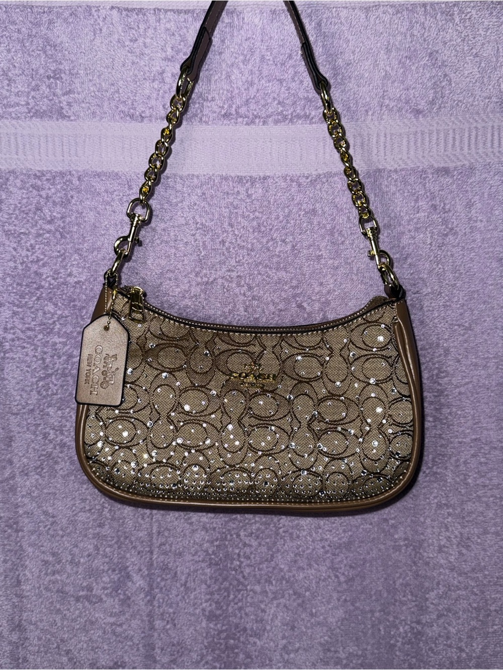 Coach Beige Signature Sequin Chain Shoulder Bag